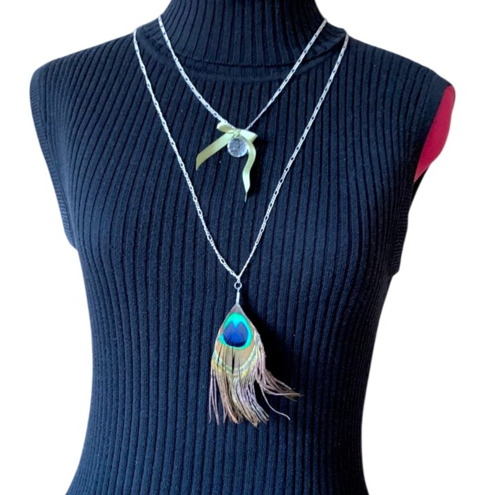 CREATION - OPERA long necklace - Feather Peacock Pendant + clear beads